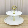 étagère à fruits blanche en plastique style européen pour desserts avec poignée dorée - Fleur Dorée Ronde Deux Niveaux