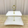 Présentoir à gâteau blanc en plastique à deux niveaux style européen plateau carré - Couronne Dorée Carrée Deux Niveaux