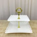 Style européen étagère à gâteaux en plastique à 2 niveaux présentoir de fruits pour fête - Fleur Dorée Carrée Deux Niveaux