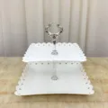 Support à gâteau blanc en plastique à 2 niveaux avec bord ajouré pour fruits et desserts - Fleur Argentée Carrée Deux Niveaux