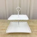 Plateau de service blanc à 2 niveaux en plastique carré plat à fruits dessert - Couronne Blanche Carrée Deux Niveaux