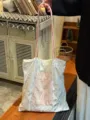 Pearlescent lace canvas tote bag with pink straps and front pocket for women commuting daily. - Light Pink