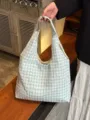 Japanese vintage plaid canvas shoulder bag, casual large capacity tote underarm bag. - Blue