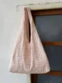Japanese vintage pink checkered shoulder tote bag, large capacity casual underarm hobo bag for women - Pink
