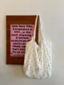White floral pleated tote bag, casual daily shoulder bag with cute black flower pattern. - White
