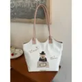 Korean style polka dot canvas tote bag, cute puppy shoulder bag for everyday use. - Beige