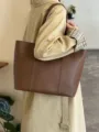 Vintage brown leather tote bag for women, large capacity shoulder bag for daily commute. - Coffee