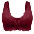 Burgundy lace plus size wireless bra, wide strap comfortable daily wear underwear top. - Burgundy