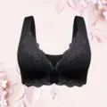 Black lace wireless front-closure bra, comfortable plus size daily underwear choice. - M / Tops / Black