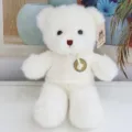 White plush teddy bear toy detailed shot, wearing a cute beige hoodie with letter badge. - White Hoodie White Bear / 30 cm