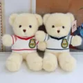 Cute dressed teddy bear plush toy detail, soft stuffed animal doll with sweet sweater and emblem. - Blue Badge Sweater Beige Bear / 30 cm