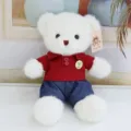 Cute white teddy bear plush toy wearing a red polo shirt and blue jeans, soft doll gift. - Jeans White Bear / 30 cm