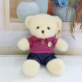 Plush teddy bear toy detailed view, cute stuffed animal wearing stylish purple shirt and shorts. - Jeans Beige Bear / 30 cm