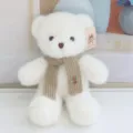 White teddy bear plush toy wearing a knitted scarf with bee brooch, cute stuffed doll. - Brown Scarf White Bear / 30 cm