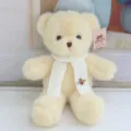 Cute plush teddy bear doll with knitted scarf and bee pin, soft stuffed toy gift for kids. - White Scarf Beige Bear / 30 cm