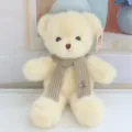 Cute plush teddy bear stuffed animal toy with knit scarf and lovely bee badge, soft gift for kids. - Brown Scarf Beige Bear / 30 cm