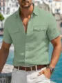 Men's casual short sleeve linen shirt with dual pocket design solid color summer top. - Olive
