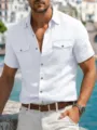 Men's casual linen short-sleeve shirt with double utility pockets and lapel collar for summer. - S / Tops / White