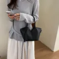 Black Woven Leather Bucket Bag Stylish Handbag Casual Shoulder Crossbody Bag For Daily Commute - Black