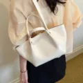 White leather commuter shoulder bucket bag, large capacity stylish daily tote for women. - Off White