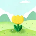 Detailed view of yellow tulip embroidery patch featuring textured green leaves in rainy scenery. - Yellow Flower