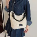 Sac à bandoulière tissé de grande capacité d'été fourre-tout décontracté pour femmes. - Blanc Cassé