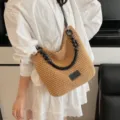 Sac à bandoulière en paille pour femme été décontracté grande capacité cabas avec perles. - Kaki