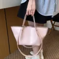 Pink PU leather tote shoulder bag for women, stylish large capacity commuter bucket bag. - Pink