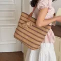 Sac cabas d'été en paille tissée pour femme, grand sac bandoulière décontracté plage et bureau. - Kaki