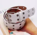 White double grommet leather belt punk style metal eyelet hip hop waist belt for women. - White / 110cm