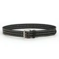 Black PU leather belt featuring metal studs and star cutouts with dual pin buckle. - Black