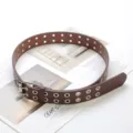 Women's brown double grommet PU leather punk waist belt with stylish metal pin buckle. - Brown / 110cm