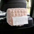 Pink puffy hanging car tissue box holder, soft fabric crinkle napkin pouch for auto back seat. - Pink Puff Tissue Box