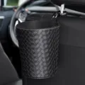Hanging car trash can with woven leather design, back seat organizer, durable automotive bin. - Woven Trash Can / Black