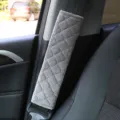 Plush car seat belt shoulder pad, soft comfortable diamond pattern strap cover main view - Gray Plaid Embroidered Pair