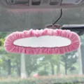 Pink plush car rear view mirror cover, soft fuzzy interior accessory for automobiles. - Pink