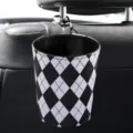 Black and white argyle car trash can hanging in vehicle interior with carabiner hook. - Bucket / Black and White Diamond Grid