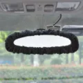 Black plush car rearview mirror cover, soft interior protective decoration accessory. - Black