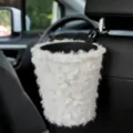 White fluffy car trash can hanging organizer for vehicle interior and auto storage use and decor - Rabbit Fur Brush Flower / White