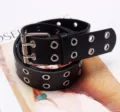 Women black double grommet leather belt punk hip hop style metal eyelet trouser belt new - Black / 110cm