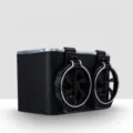 Car tissue box with dual cup holders, black leather texture multi-function storage organizer. - Black