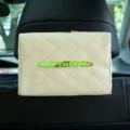 Car tissue holder, beige quilted leather hanging tissue box for auto seat back interior storage. - Quilted Embroidered Tissue Box / Beige