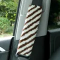 Fluffy car seat belt shoulder pad in brown and white striped plush, cozy auto accessory. - Brown and White Print
