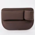 Brown PU leather car seat gap organizer with cup holder for automotive interior storage. - Passenger Side / Brown