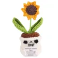 Planta en maceta de girasol de ganchillo hecha a mano con maceta de calavera y tarjeta de apoyo. - Girasol Pequeño