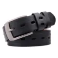 Men's black leather pin buckle belt with retro embossed pattern and casual double-hole design. - 110cm / Black