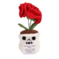 Handmade crochet skull flower potted plant, red rose with encouraging card for room decor. - Carnation Red