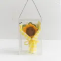 Handmade crochet sunflower bouquet in clear gift box with yellow gingham wrap for gift. - Smiley Sunflower / Lemon Yellow