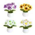 Handmade crochet potted flowers DIY knit daisy plants cute home desktop decor set of four - Kit with Pot and English Tutorial
