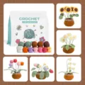 Crochet starter kit for beginners with colorful yarn and finished potted flower designs. - Large Potted Plant 5-in-1 (English Tutorial)